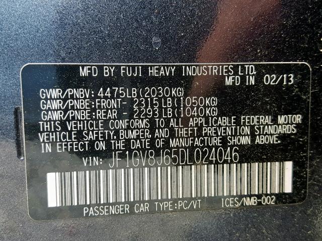 JF1GV8J65DL024046 - 2013 SUBARU IMPREZA WR GRAY photo 10