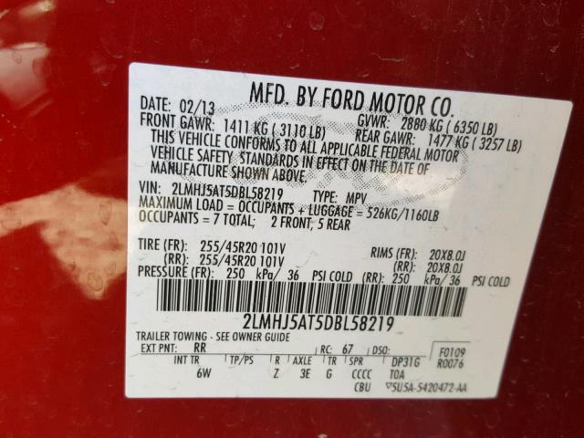 2LMHJ5AT5DBL58219 - 2013 LINCOLN MKT RED photo 10