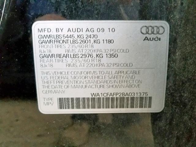 WA1CFAFP2BA031375 - 2011 AUDI Q5 PREMIUM BLACK photo 10