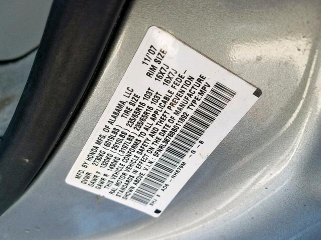 5FNRL38788B011892 - 2008 HONDA ODYSSEY EX BLUE photo 10