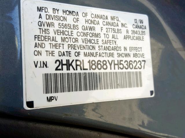 2HKRL1868YH536237 - 2000 HONDA ODYSSEY EX GRAY photo 10