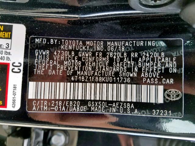 4T1BZ1FB8KU011736 - 2019 TOYOTA AVALON XLE BLACK photo 10