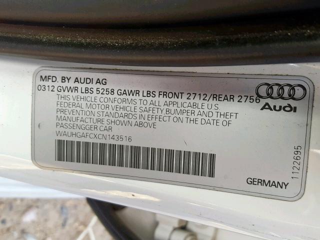 WAUHGAFCXCN143516 - 2012 AUDI A6 PRESTIG WHITE photo 10