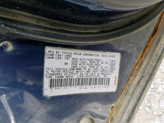 JT6HF10U5Y0101631 - 2000 LEXUS RX 300 BLUE photo 10