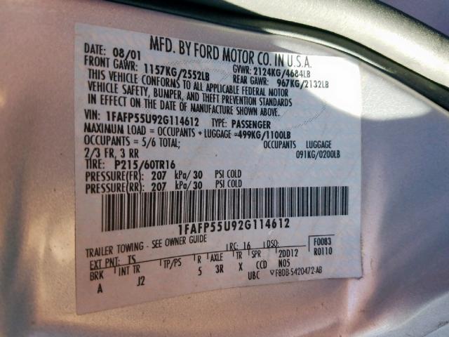 1FAFP55U92G114612 - 2002 FORD TAURUS SES SILVER photo 10