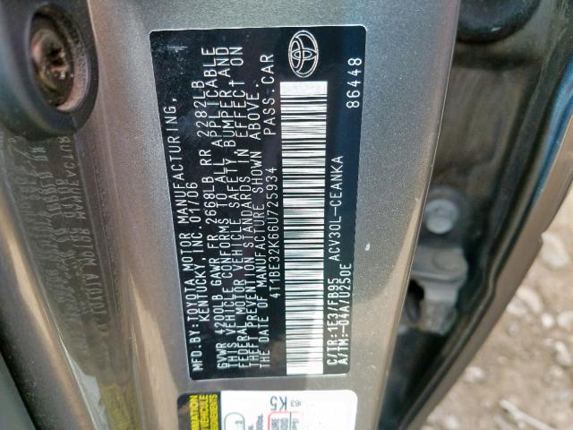 4T1BE32K66U725934 - 2006 TOYOTA CAMRY LE GRAY photo 10