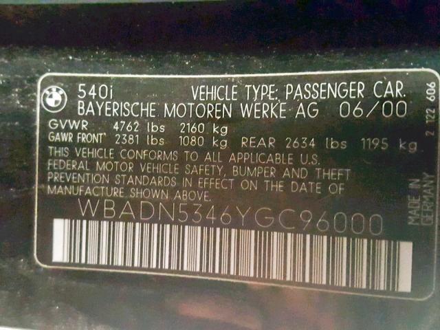 WBADN5346YGC96000 - 2000 BMW 540 I BLACK photo 10