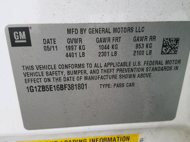 1G1ZB5E16BF381801 - 2011 CHEVROLET MALIBU LS 白色 照片 10