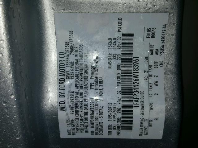 1FAFP34N26W183961 - 2006 FORD FOCUS ZX4 GRAY photo 10