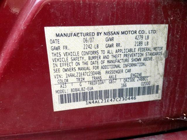 1N4AL21E47C230446 - 2007 NISSAN ALTIMA 2.5 RED photo 10