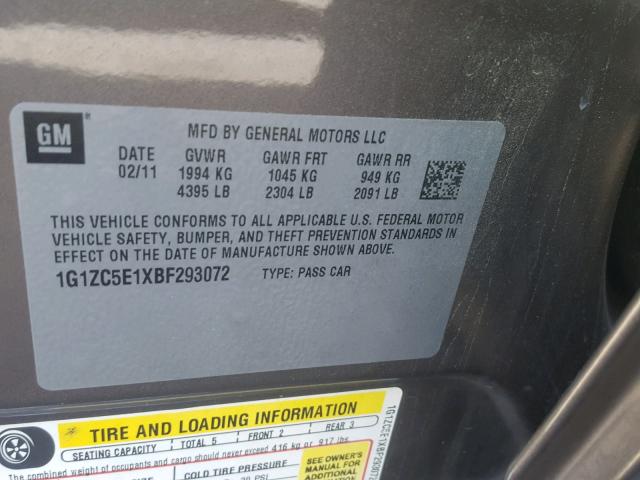 1G1ZC5E1XBF293072 - 2011 CHEVROLET MALIBU 1LT BROWN photo 10