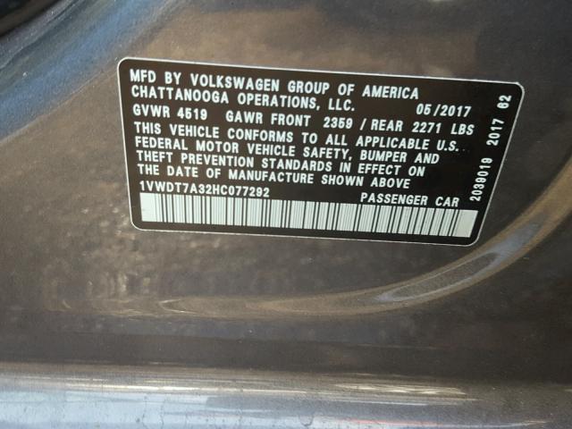 1VWDT7A32HC077292 - 2017 VOLKSWAGEN PASSAT R-L GRAY photo 10