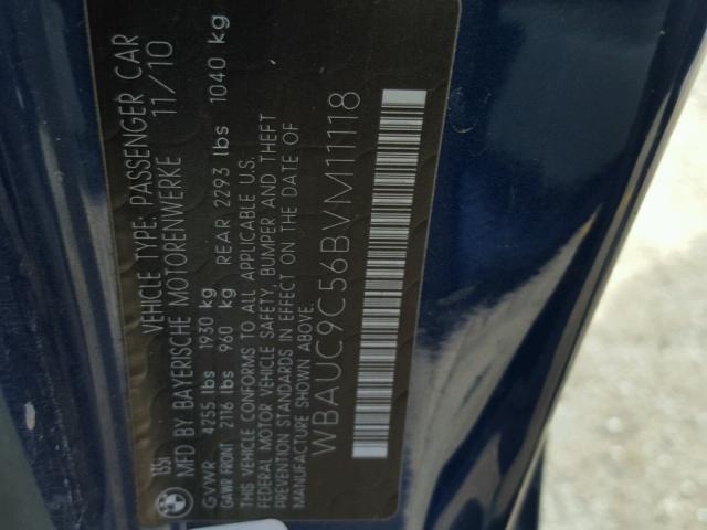 WBAUC9C56BVM11118 - 2011 BMW 135 I BLUE photo 10