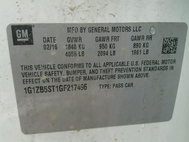 1G1ZB5ST1GF217496 - 2016 CHEVROLET MALIBU LS WHITE photo 10