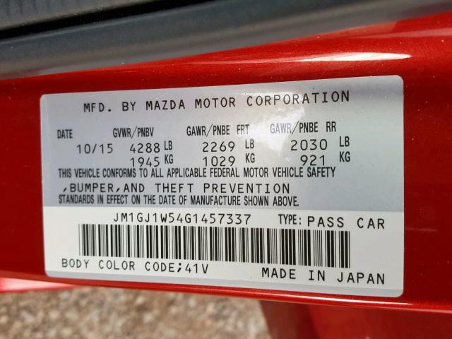 JM1GJ1W54G1457337 - 2016 MAZDA 6 GRAND TO RED photo 10