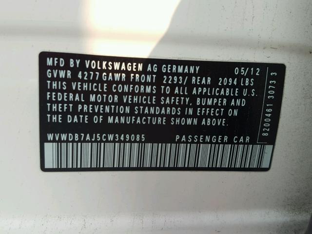 WVWDB7AJ5CW349085 - 2012 VOLKSWAGEN GOLF 白色 照片 10