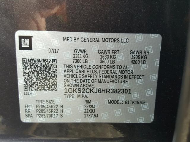 1GKS2CKJ6HR382301 - 2017 GMC YUKON DENA BLACK photo 10