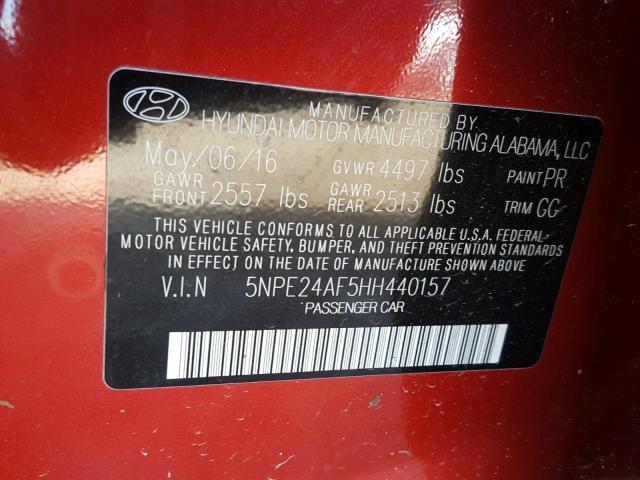 5NPE24AF5HH440157 - 2017 HYUNDAI SONATA SE RED photo 10