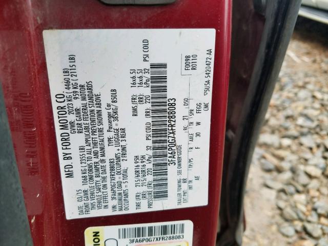 3FA6P0G7XFR288083 - 2015 FORD FUSION S RED photo 10