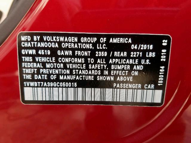 1VWBT7A39GC050015 - 2016 VOLKSWAGEN PASSAT SE RED photo 10