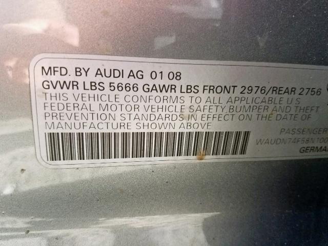 WAUDN74F58N100407 - 2008 AUDI S6 QUATTRO GRAY photo 10