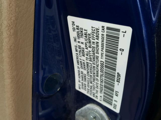 1HGES16375L005663 - 2005 HONDA CIVIC DX V BLUE photo 10