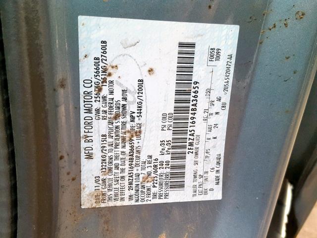 2FMZA51694BA36659 - 2004 FORD FREESTAR S BLUE photo 10