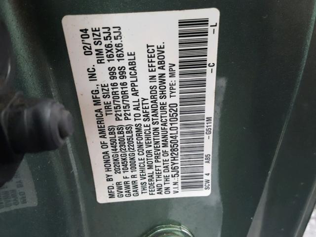 5J6YH28504L010520 - 2004 HONDA ELEMENT EX GREEN photo 10