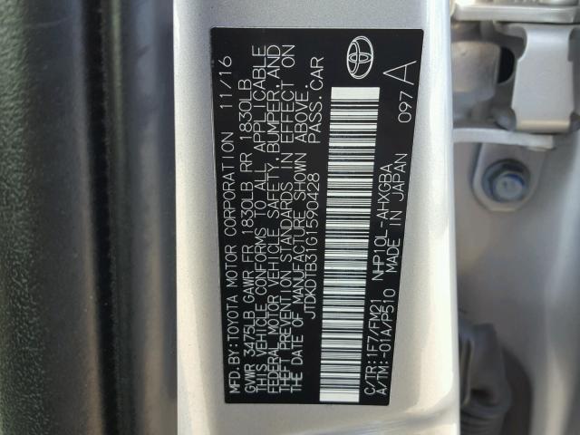 JTDKDTB31G1590428 - 2016 TOYOTA PRIUS C SILVER photo 10