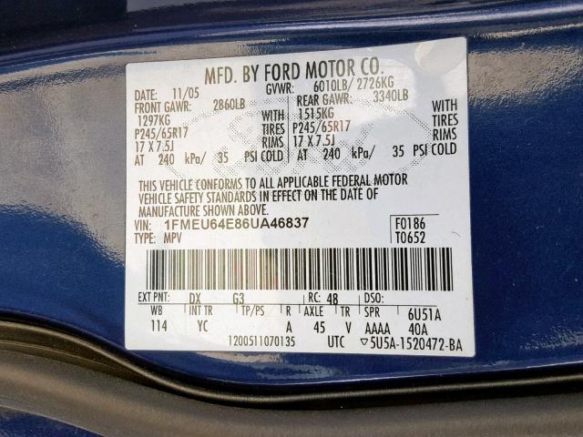 1FMEU64E86UA46837 - 2006 FORD EXPLORER E BLUE photo 10