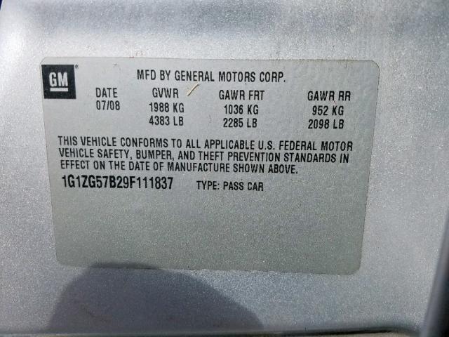 1G1ZG57B29F111837 - 2009 CHEVROLET MALIBU LS SILVER photo 10