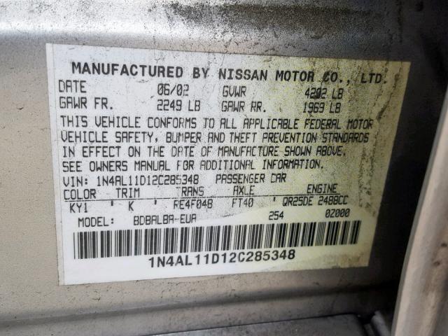 1N4AL11D12C285348 - 2002 NISSAN ALTIMA BAS SILVER photo 10