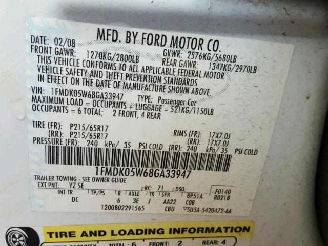 1FMDK05W68GA33947 - 2008 FORD TAURUS X S WHITE photo 10