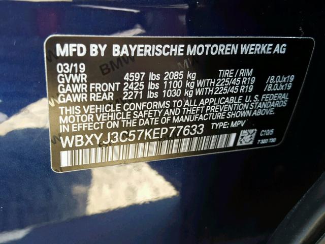 WBXYJ3C57KEP77633 - 2019 BMW X2 SDRIVE2 BLUE photo 10