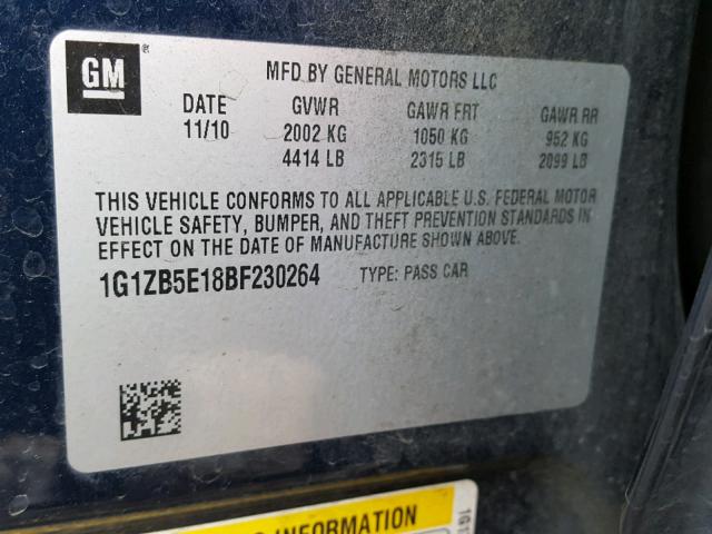 1G1ZB5E18BF230264 - 2011 CHEVROLET MALIBU LS 蓝色 照片 10