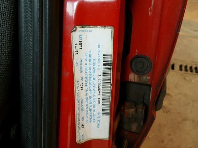 3VWRA21G2NM030792 - 1992 VOLKSWAGEN JETTA GL RED photo 10