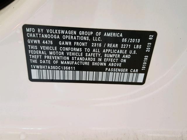 1VWBH7A35DC135611 - 2013 VOLKSWAGEN PASSAT SE WHITE photo 10