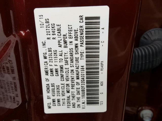 19UUB2F32GA001584 - 2016 ACURA TLX MAROON photo 10