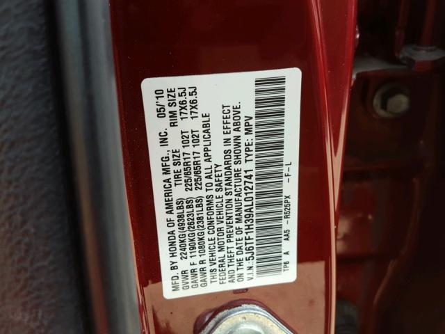 5J6TF1H39AL012741 - 2010 HONDA ACCORD CRO RED photo 10