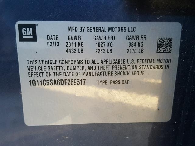 1G11C5SA6DF269517 - 2013 CHEVROLET MALIBU 1LT BLUE photo 10