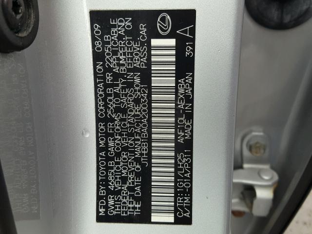 JTHBB1BA0A2003421 - 2010 LEXUS HS 250H SILVER photo 10