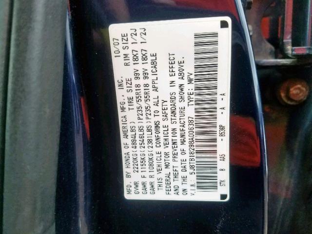 5J8TB18298A006387 - 2008 ACURA RDX BLUE photo 10