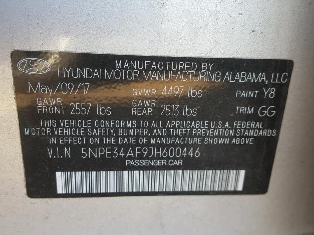 5NPE34AF9JH600446 - 2018 HYUNDAI SONATA SPO SILVER photo 10