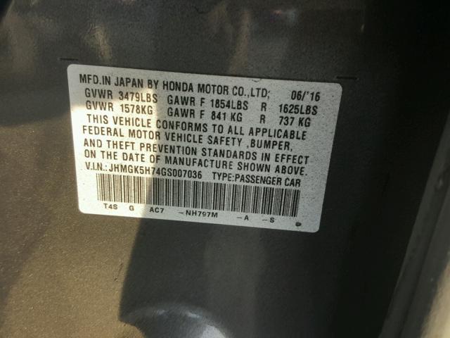 JHMGK5H74GS007036 - 2016 HONDA FIT EX GRAY photo 10