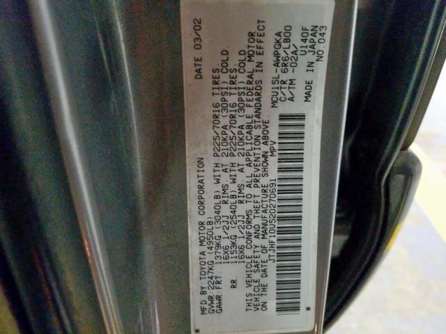 JTJHF10U520270691 - 2002 LEXUS RX 300 GRAY photo 10