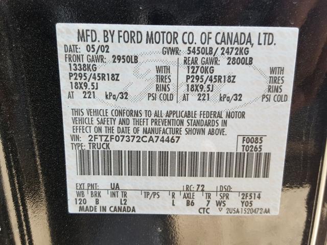 2FTZF07372CA74467 - 2002 FORD F150 SVT L BLACK photo 10