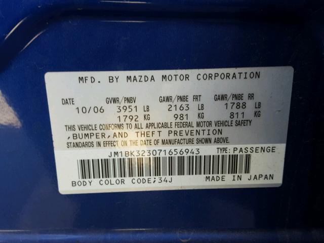 JM1BK323071656943 - 2007 MAZDA 3 S BLUE photo 10