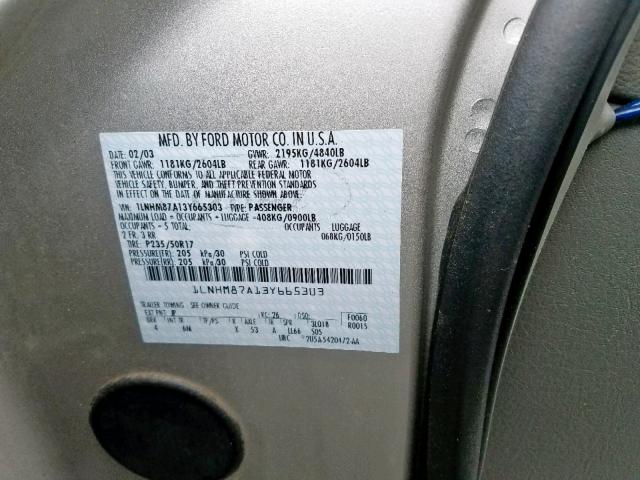 1LNHM87A13Y665303 - 2003 LINCOLN LS ვერცხლისფერი ფოტო 10