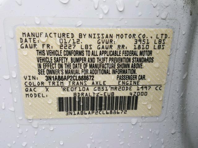 3N1AB6AP2CL688672 - 2012 NISSAN SENTRA 2.0 WHITE photo 10