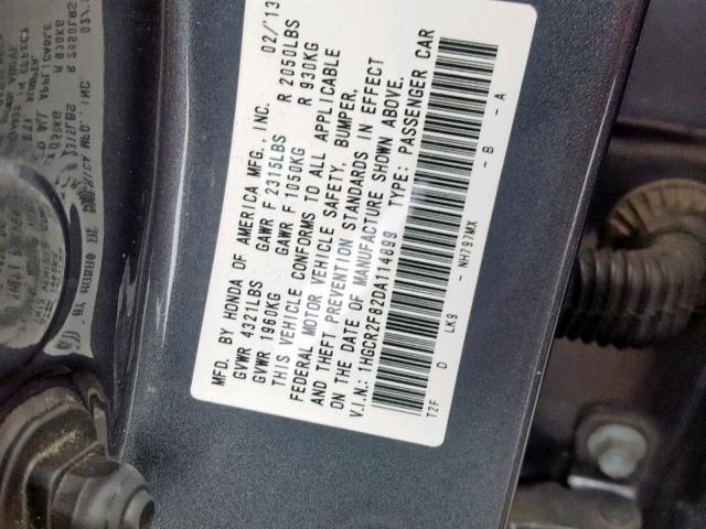 1HGCR2F82DA114899 - 2013 HONDA ACCORD EXL GRAY photo 10